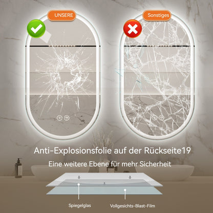 Ovaler LED Badezimmerspiegel 60×90 cm – rahmenlos, dimmbar, Anti-Beschlag, Touchscreen, Wandmontage, Smart Mirror