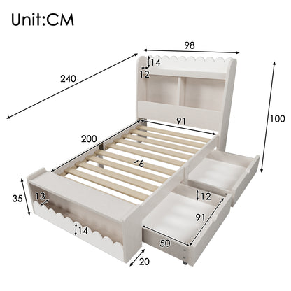 Kinderbett Einzelbett Stauraumbett mit Schubladen, Regal und Sitzbank mit Stauraum, Holzbett 90x200 cm, Weiß mit Eichefarben (Ohne Matratze)