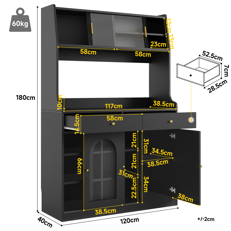 Küchenschrank, Esszimmerschrank mit 2 Schubladen, Sideboard mit LED-Beleuchtung, schwarz