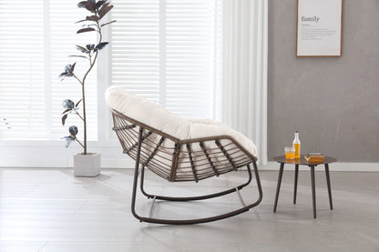 Outdoor Rocking Chair, Patio Oversized Wicker Egg Rocking Chair, Indoor & Outdoor Comfy Rocker Chair with Thick Cushion, Modern Lounge Chair for Balcony, Front Porch, Garden, Backyard, Deck White