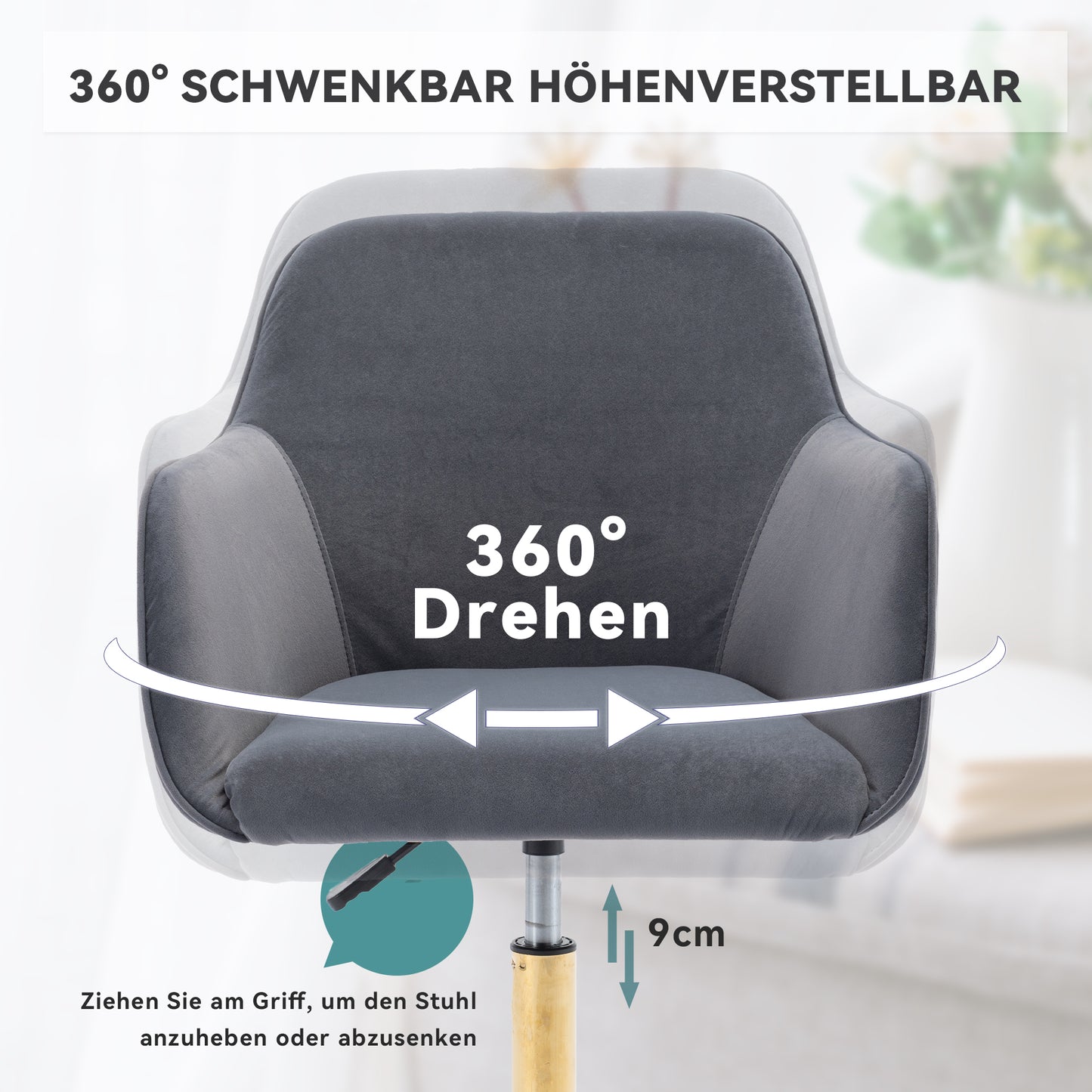Neuer höhenverstellbarer Drehstuhl aus Samtstoff für das Büro im Innenbereich mit goldenen Beinen, grau