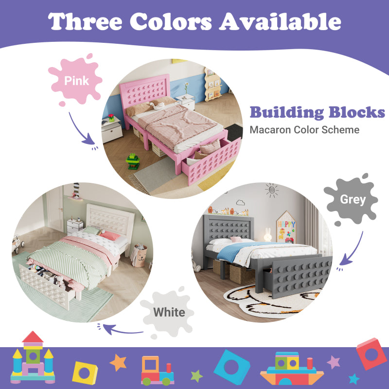 Holzbett Einzelbett 90x200 cm, Kinderbett Jugendbett mit Kreativem Block Design, Massivholz Bettgestell mit Lattenrost, mit Schubladen & Unterm Bett Stauraum, Rosa, Ohne Matratze