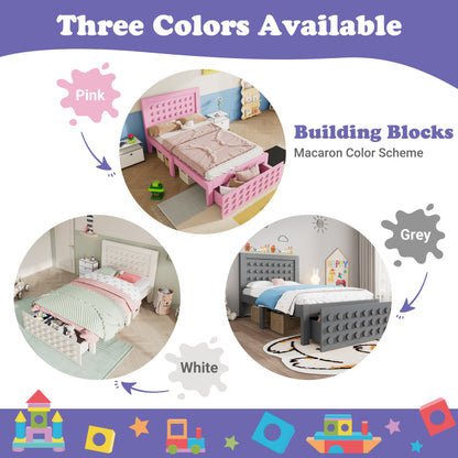 Holzbett Einzelbett 90x200 cm, Kinderbett Jugendbett mit Kreativem Block Design, Massivholz Bettgestell mit Lattenrost, mit Schubladen & Unterm Bett Stauraum, Rosa, Ohne Matratze