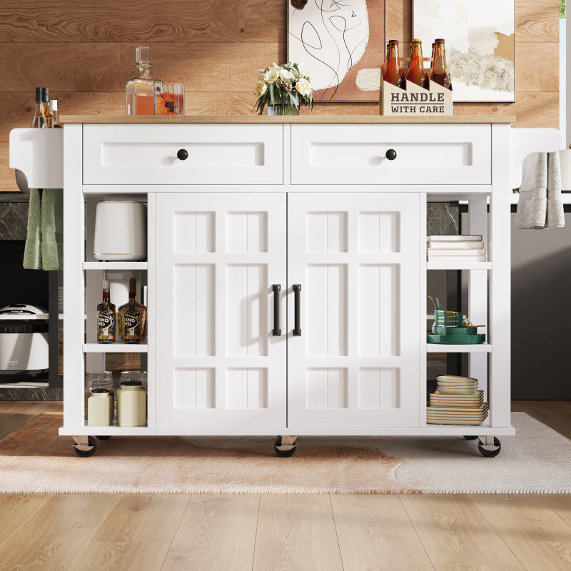 Kücheninsel mit herausnehmbaren Trennwänden, Speisewagen mit Arbeitsplatte, Buffetschrank, Speisewagen mit Holzmaserung, Handtuchhalter beidseitig mit Rollen, weiß