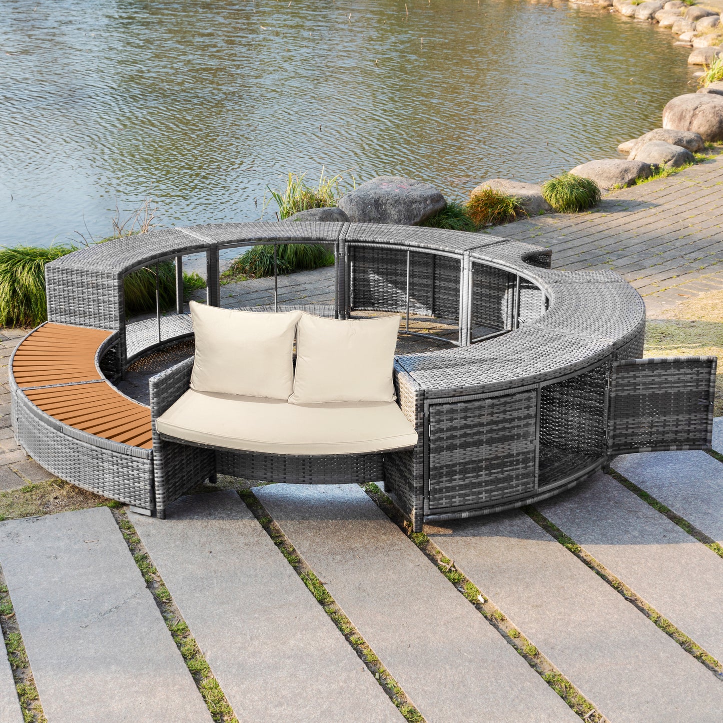 Garten-Lounge-Set mit runder Couch, Gartenmöbel-Set, Lounge-Set, für Whirlpool und Pool, mit verstellbaren Füßen, inklusive Kissen, Möbel für Terrasse, Garten oder Poolbereich(previous sku:HW00004AAA)