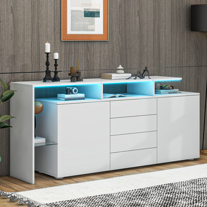 Modernes Sideboard 160cm mit LED-Beleuchtung & App-Steuerung, Hochglanz-Fronten, 4 Schubladen & Glasfach, TV-Schrank Kommode Weiß/Anthrazit
