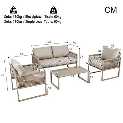 Garten-Lounge-Set mit verzinktem Eisenrahmen, Gartenmöbel-Set aus Seil, Lounge-Set aus khakifarbenem Seil mit Sitzkissen, verstellbaren Füßen, glatter Glasplatte, 4er-Set, inklusive aller Kissen