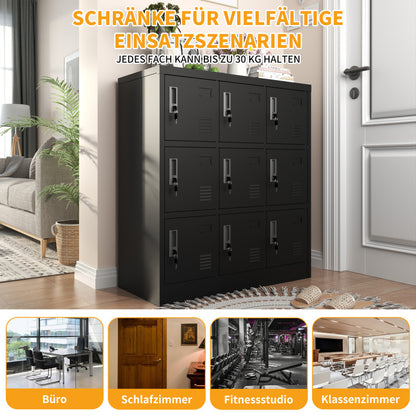 9-Türige Metall-Schränke für Büro, Fitnessstudio, Schule & Zuhause - Sicherer Aufbewahrungsschrank mit Kartenfach (Schwarz), H 100 cm × B 90 cm × T 40 cm