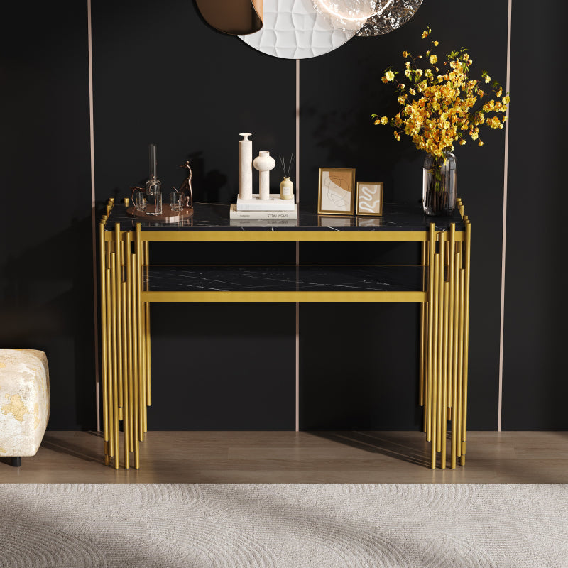 Mid-Century Modern Wohnzimmer Beistelltisch, Konsolentisch, Schwarzer Korpus mit goldenen Beinen, Doppelschicht MDF, Belastbarkeit bis 40 kg