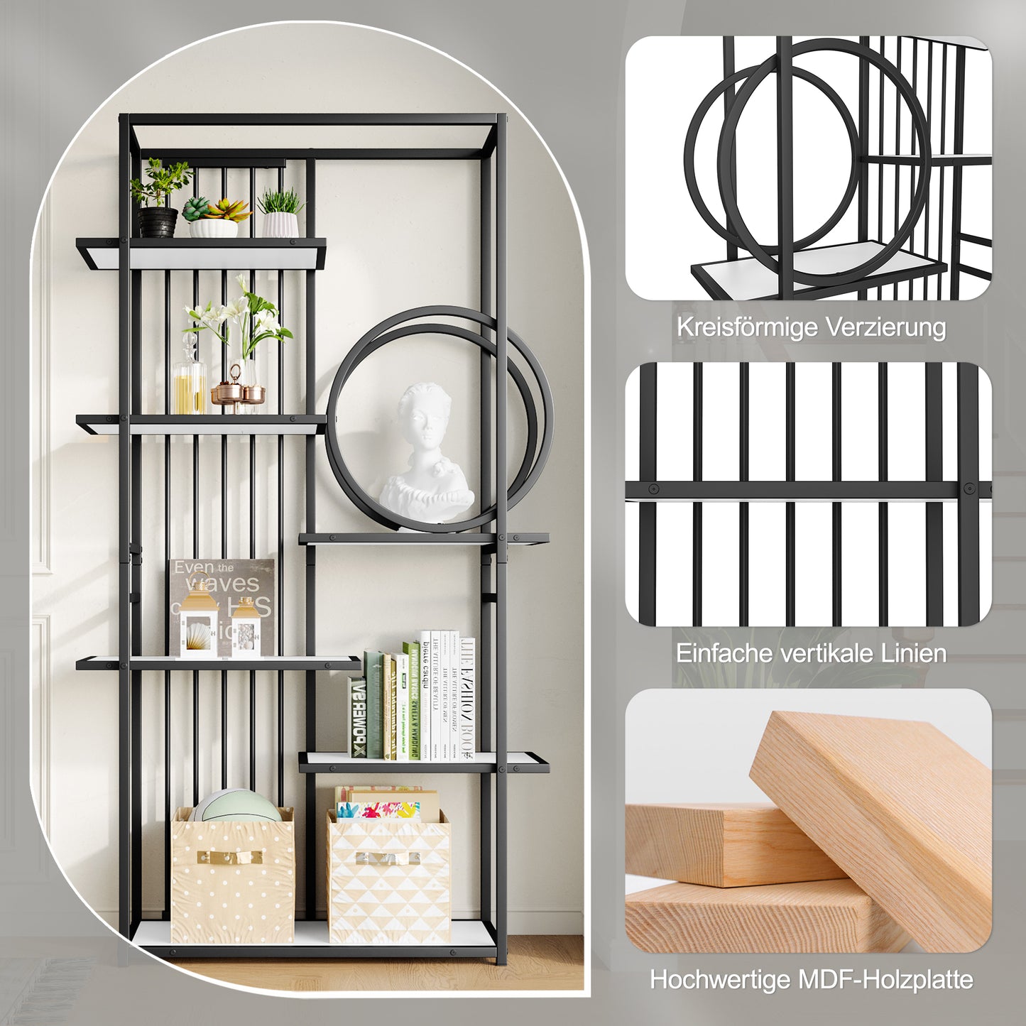 Metallregal im modernen Stil, solides Stahlrohr, geometrische Struktur, mehrstufiges Design, runde Dekoration, geeignet für die Inneneinrichtung