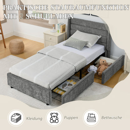 Einzelbett 90×200 cm mit Chenille-Oberfläche & 2 Schubladen, stabiles Bettgestell aus Holz/Metall, ideal für Kinder-, Jugend- & Gästezimmer, Gray (ohne Matratze)