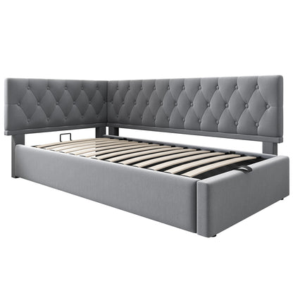 Polsterbett Tagesbett Daybett 90x200cm, Schlafsofa mit hydraulischem Stauraum, Kinderbett Jugendbett Bettgestell mit Lattenrost aus Holz, Samt, Grau, ohne Matratze.