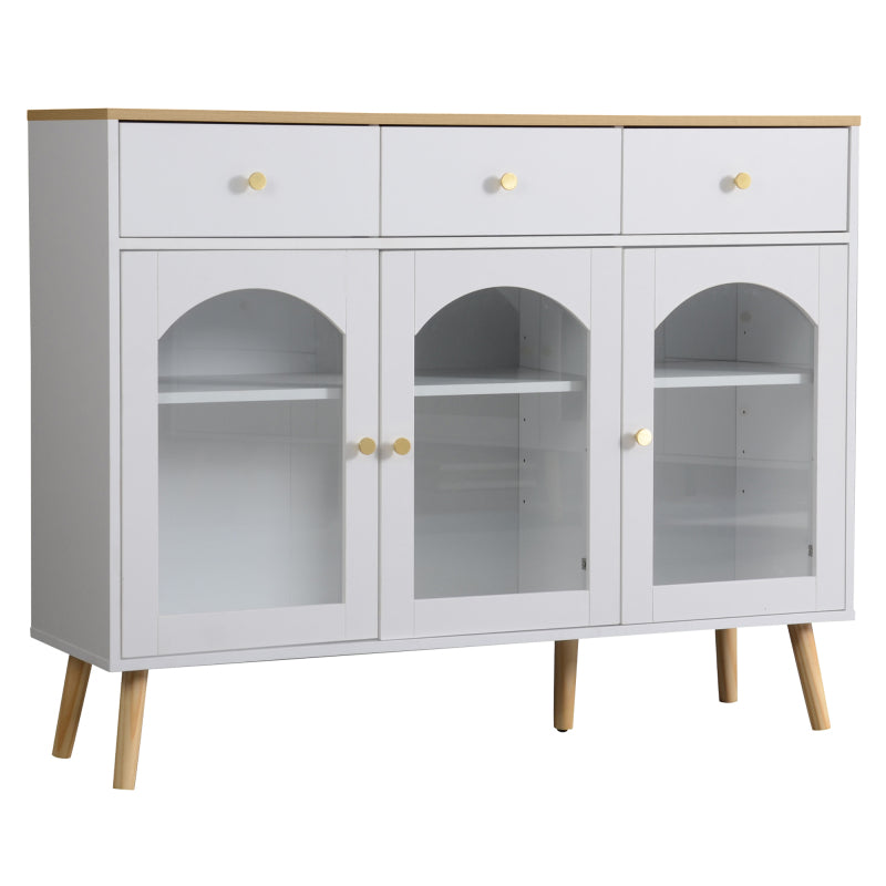 Sideboard mit 3 Schubladen und 3 gebogenen Türen mit breitem Schrank aus gehärtetem Glas für Buffettische in Küchen und Esszimmern, weiß und natur