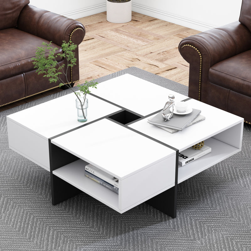 Moderner quadratischer Couchtisch 70x70x35cm – Schwarz-Weiß Design, 5 offene Fächer, mittleres Staufach 10x10cm, stabiler 30KG Tragkraft,Weißer quadratischer Couchtisch