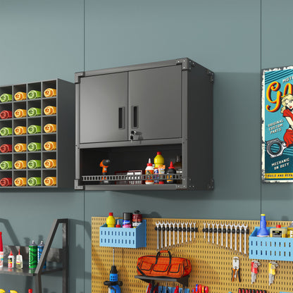 Metall Wandmontage Werkzeug Schrank mit Tür und Fach, Metallwandregal mit Schloss für Garage, Werkstatt, Büro - Umweltfreundlich, Robust, Montageerforderlich, H 77 cm × B 80 cm × T 30 cm