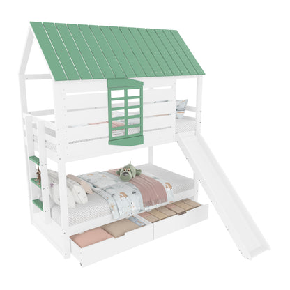 90X200 Haus-Etagenbett mit Rutsche und 2 Schubladen, Weiß+Grün