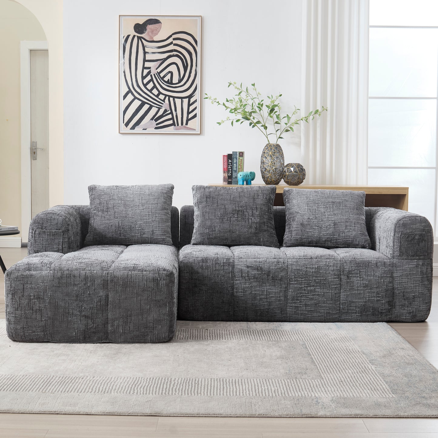 Modernes Sektionssofa, L-Sofa, 3-Sitzer-Sofa, keine Installation erforderlich, Chenille-Sofa mit Chaiselongue und Armlehnen, 3 Kissen, Seitentasche für Fernbedienung, Grau