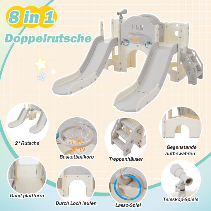 8 in 1 Kinderrutsche Kletterspielzeug, Multifunktionsrutsche mit 2 Rutschen, freistehende Rutsche, Klettern, Bohrspiel, Stauraum, Spielkorridor, Basketballkorb, Lasso-Spiel, Teleskop. Hergestellt aus