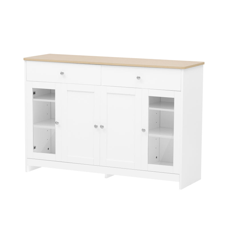 Sideboard mit weißer Holzmaserung, vier Türen, mit zwei Schubladen, Tür mit Glas. Wohnzimmer, Esszimmer. Holzfarbe und Weiß