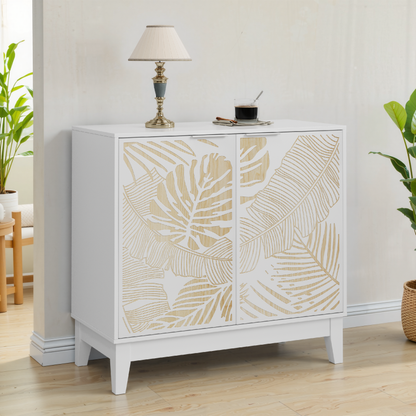 Vintage Buffetschrank mit Schnitzereien, 2 Türen & verstellbaren Böden – Holz Sideboard für Wohnzimmer, Küche & Esszimmer, Weiß