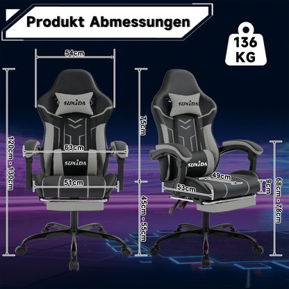 Gaming Stuhl Computerstuhl Ergonomischer Gaming Chair mit Fußstütze Bürostuhl Ergonomischer Computerstuhl mit Lendenwirbelstütze BlackGrey