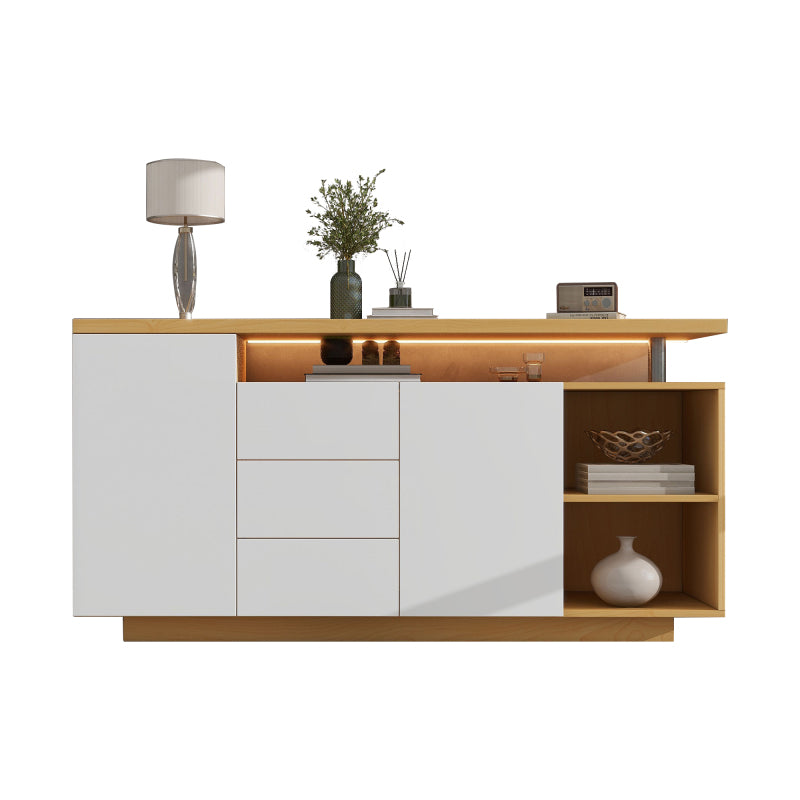 Multifunktionales Sideboard, Länge 140 cm, weiß und Holzimitat - 2 Türen, 3 Schubladen, 2 offene Fächer, mit LED-Beleuchtung