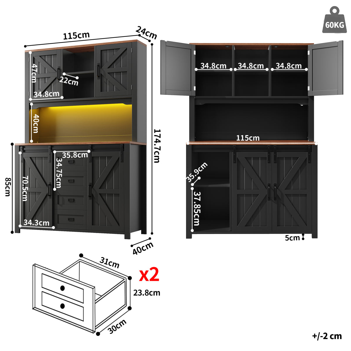 Küchenschrank 115x40x174,7cm hohes Sideboard Schwarz mit App-LED-Beleuchtung, X-Design Schiebetüren, 2 Schubladen & Magnetklappen