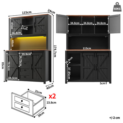 Küchenschrank 115x40x174,7cm hohes Sideboard Schwarz mit App-LED-Beleuchtung, X-Design Schiebetüren, 2 Schubladen & Magnetklappen