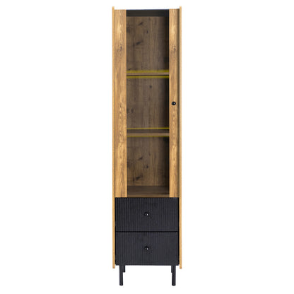Sideboard, Hochschrank in schwarzer Holzmaserung – 180 x 44 x 40 cm mit Glastür, gelbem LED-Licht, 2 Schubladen