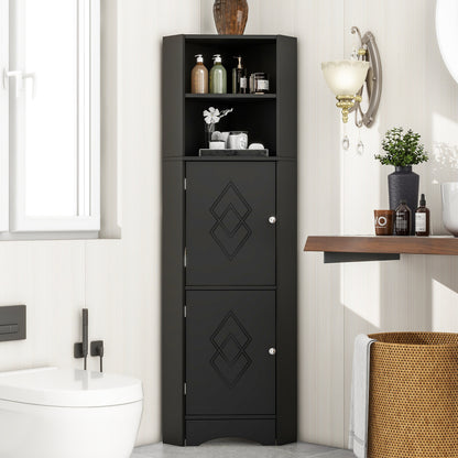 Badschrank, Badmöbel, Eckschrank mit zwei Ablagefächern, offenes Fach mit verstellbarem Einlegeboden, 36.5x 36.5 x 155 cm, schwarz