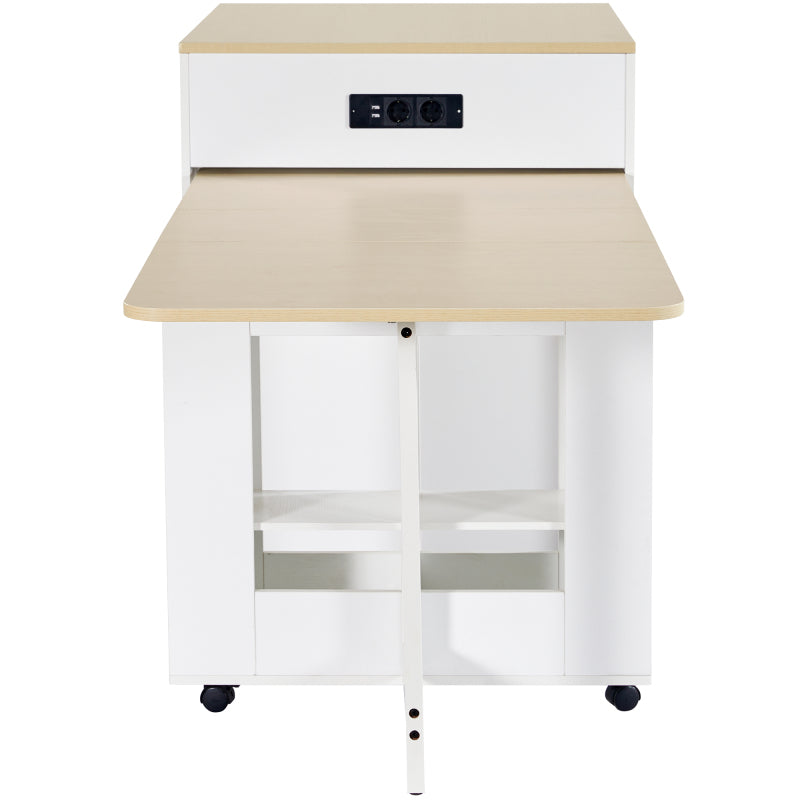 Ausziehbarer Bartisch mit Stauraum(110-124×78×97.5cm), für 2-6 Personen, Kücheninseln mit 2 Schubladen, 2 seitliche offene Regale und eingebaute Steckdose,Tischplatte aus weiß marmoriertem MDF,Weiß