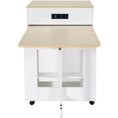 Ausziehbarer Bartisch mit Stauraum(110-124×78×97.5cm), für 2-6 Personen, Kücheninseln mit 2 Schubladen, 2 seitliche offene Regale und eingebaute Steckdose,Tischplatte aus weiß marmoriertem MDF,Weiß