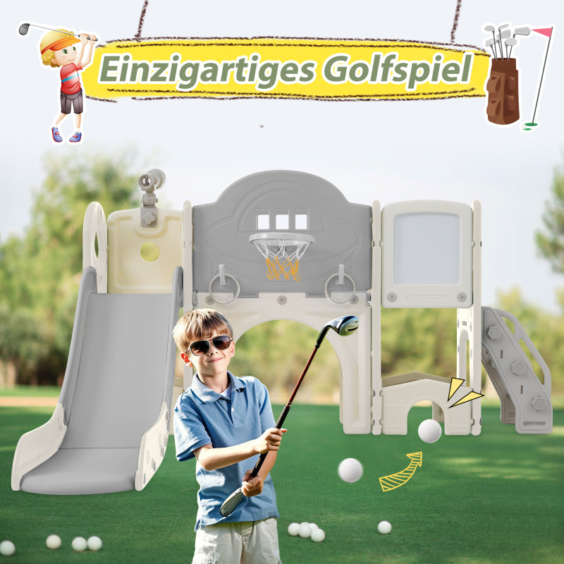 10 in 1 Kinderrutsche Kletterspielzeug, Multifunktionsrutsche Rutschen, freistehende Rutsche, Klettern, Bohrspiel, Stauraum, Spielkorridor, Basketballkorb, Lasso-Spiel, Reißbrett, Golfspiel, Teleskop.