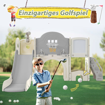 10 in 1 Kinderrutsche Kletterspielzeug, Multifunktionsrutsche Rutschen, freistehende Rutsche, Klettern, Bohrspiel, Stauraum, Spielkorridor, Basketballkorb, Lasso-Spiel, Reißbrett, Golfspiel, Teleskop.