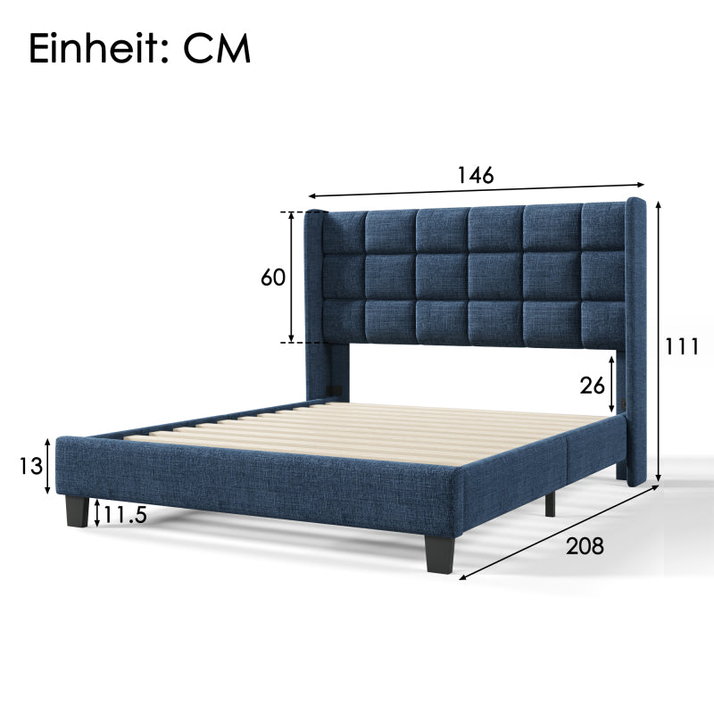 Polsterbett Mit seinem gepolstertes Kopfteil Doppelbett mit Lattenrost, 140x200cm ,in Blau Leinen, mittelfest(Ohne Matratze)