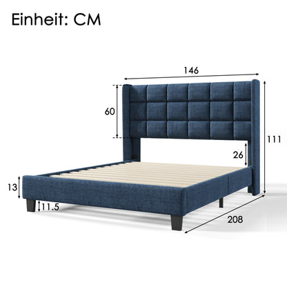 Polsterbett Mit seinem gepolstertes Kopfteil Doppelbett mit Lattenrost, 140x200cm ,in Blau Leinen, mittelfest(Ohne Matratze)