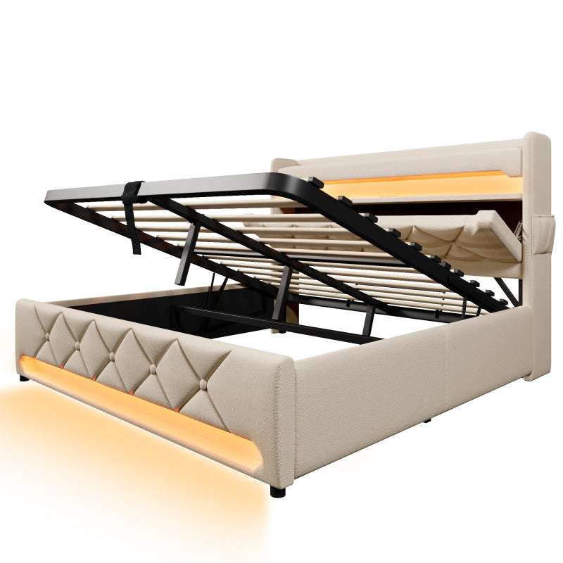 Polsterbett Doppelbett 160*200, Stauraum Kopfteil mit USB und Typ C-Port ,360-Surround-LED-Funktion rund um Kopf- und Fußende des, Betten mit Hydraulisch Stauraum, Beige , Leinen(Ohne Matratze)
