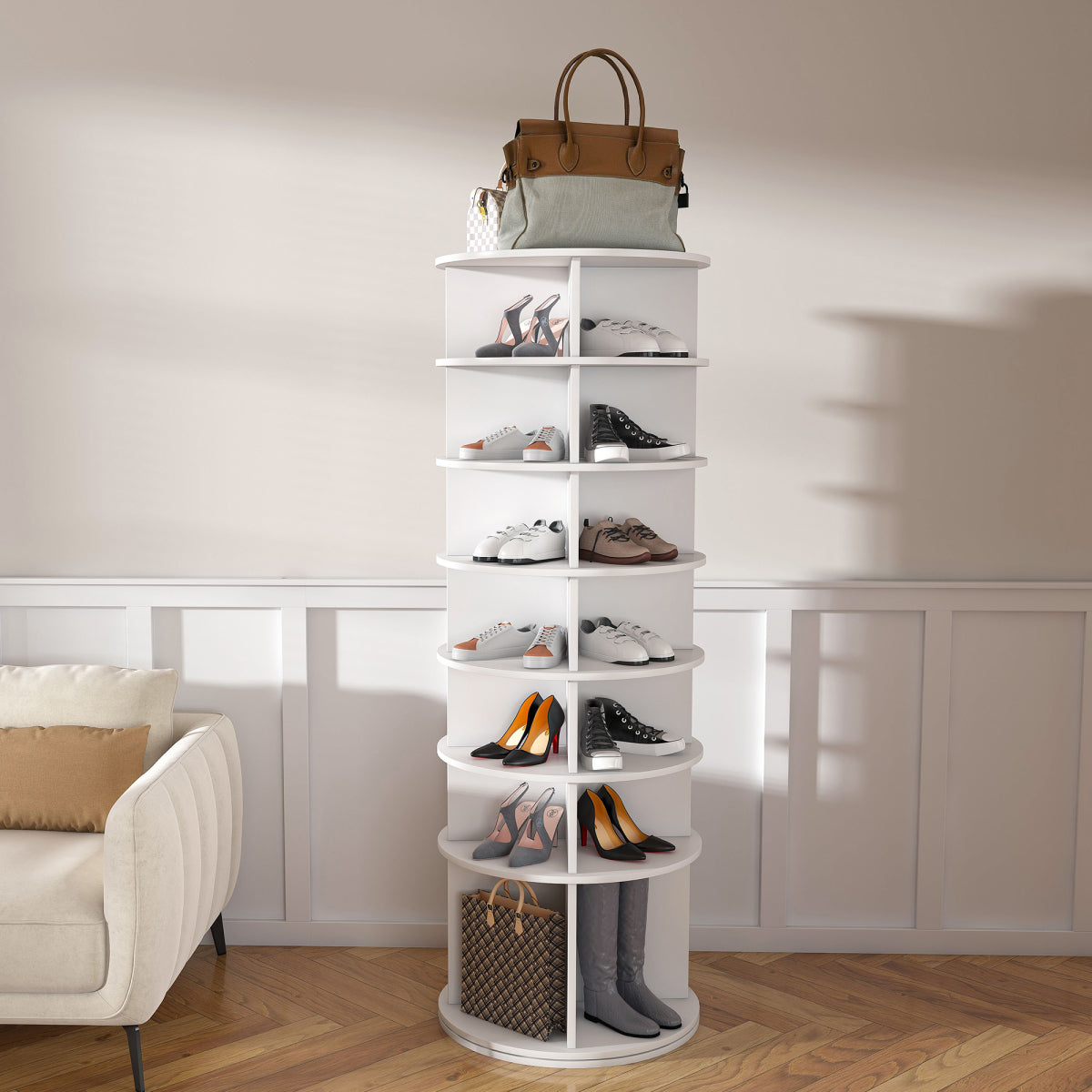 Drehbares Schuhregal 7 Ebenen, 360°, Stiefelfach, 28 Paar, Weiß, 184 cm