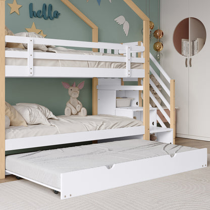 Etagenbett, Ausziehbares Baumhausbett, Schiebebett, Treppe mit 3 Schubladen, Kinderbett mit Absturzsicherung und Kinderbettgitter, mit Lattenroste, Natur+Weiß (90x200cm&90x190cm) [30813567NAA]