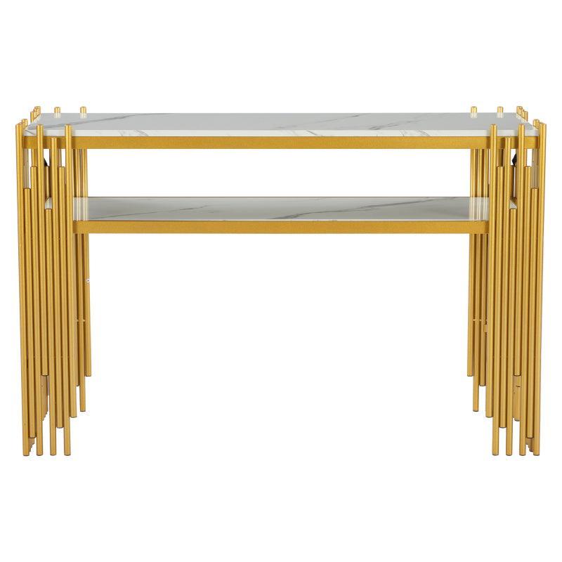 Mid-Century Modern Wohnzimmer Beistelltisch, Konsolentisch, weißer Korpus mit goldenen Beinen, doppellagiges MDF, belastbar bis 40 kg