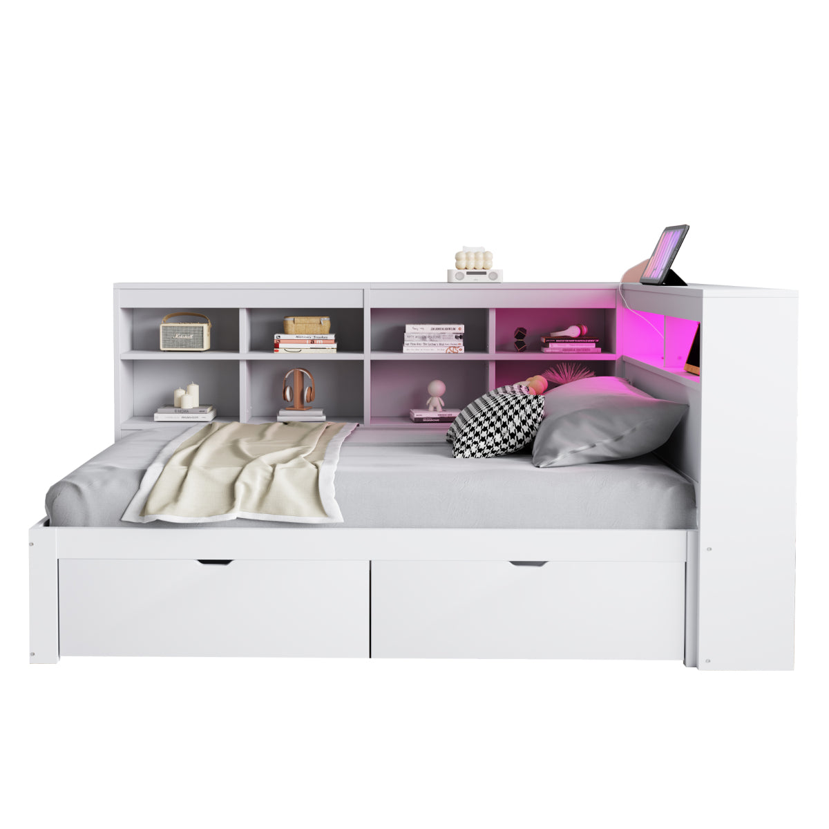 Massivholz-Einzelbett 90x200 Weiß mit LED & USB-Steckdose - Multifunktionales Schlafsofa mit Regalen, Ablagefächern & viel Stauraum, Weiß