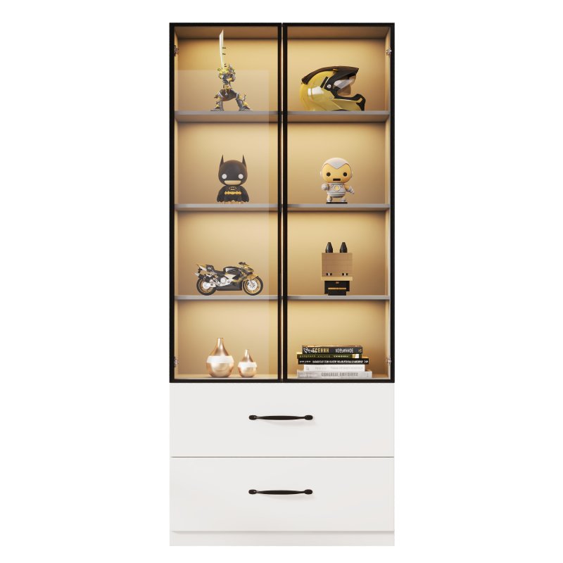Glasvitrine, Bücherregal und Multifunktionsschrank mit Beleuchtung und Schubladen, mehrfarbige LED, 60×40×160 cm White