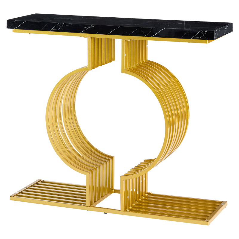 100*35*80cm moderner, schlichter schwarzer Hochglanz-Couchtisch, kleiner Beistelltisch fürs Wohnzimmer, Konsolentisch, goldener Sockel kann auf zwei Arten installiert werden