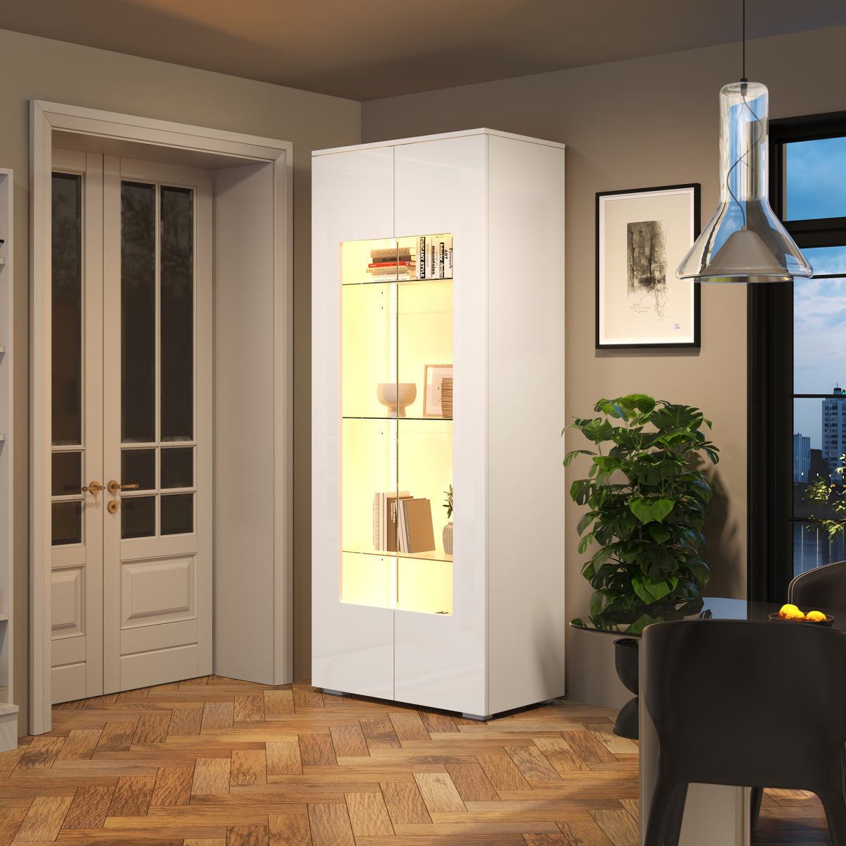 Vitrine LED App-Steuerung, 173 cm, Hochglanz Weiß, Acryl/Glas, Kippschutz