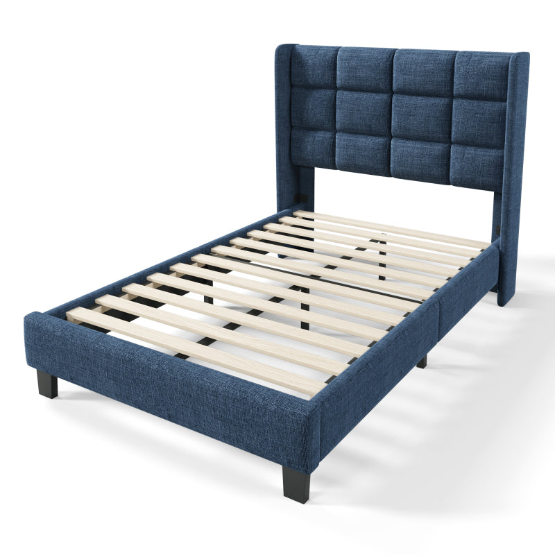 Modernes Design Polsterbett Mit seinem gepolstertes Kopfteil Einzelbett mit Lattenrost, 90x200cm ,in Blau Leinen, mittelfest (Ohne Matratze)