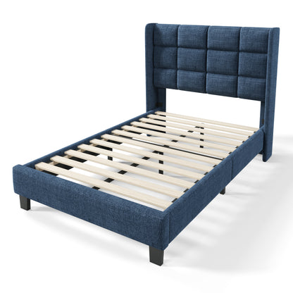 Modernes Design Polsterbett Mit seinem gepolstertes Kopfteil Einzelbett mit Lattenrost, 90x200cm ,in Blau Leinen, mittelfest (Ohne Matratze)