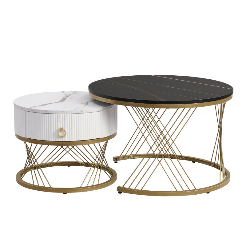 Eleganter zusammensetzbarer Couchtisch: Marmoroptik, Golddekor, Beistelltisch mit Schubladen – 2er-Set