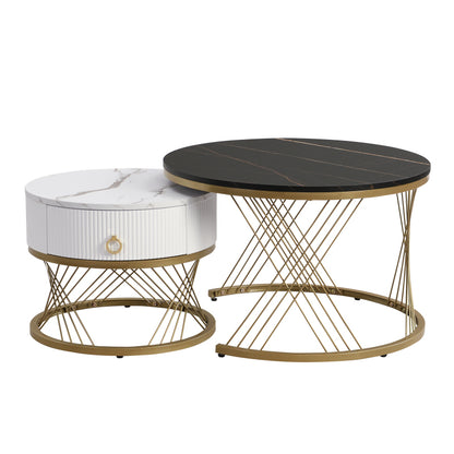 Eleganter zusammensetzbarer Couchtisch: Marmoroptik, Golddekor, Beistelltisch mit Schubladen – 2er-Set