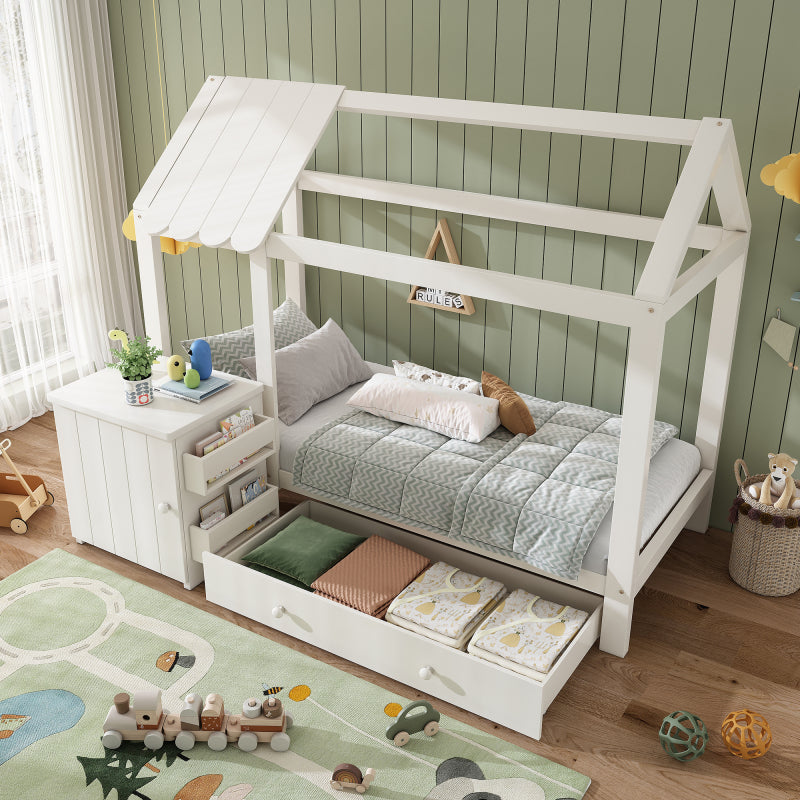 Hausbett Kinderbett 90x200 cm aus Massivholz mit Schubladen & abnehmbarem Nachttisch - Bodenbett in Weiß, ohne Matratze