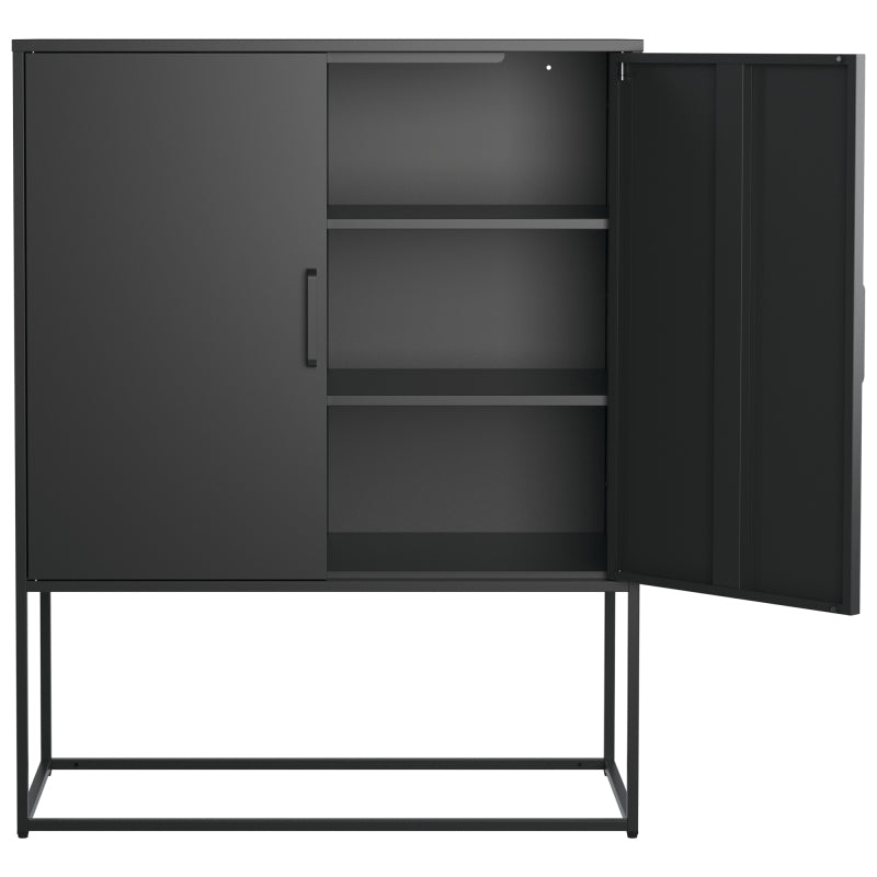 Metall-Sideboard,Lagerschrank– 2 Regale, freistehender Stahlschrank, Magnettüren, Anti-Kipp-Sicherung, Wohnzimmer, Küche, Büro, Schwarz, H 109 cm × B 85 cm × T 40 cm